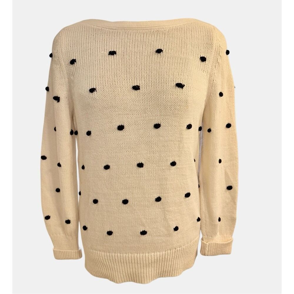 Ann Taylor LOFT Bobble Knit Polka Dot Sweater Boat Neck Cream & Black Large